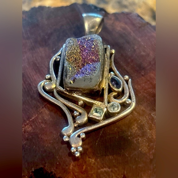 VINTAGE Sterling Silver 925 Iridescent Druzy Blue Topaz Faux Amethyst Pendant - Picture 5 of 15